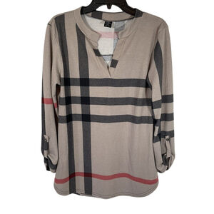 Win Win Roll-Tab Sleeve V-Neck Multicolor Plaid Tunic Top Sz S/M